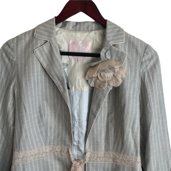 Rebecca Taylor Women Jacket 2 Blue Striped Ribbon Tie Romantic Boho Y2K Fairy - Picture 10 of 11